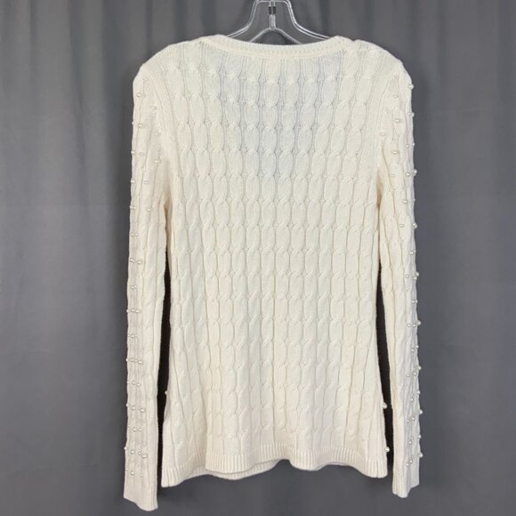 Boston Proper Sweater White/Cream V Neck Cable Knit Pearl Embellished Size M - Picture 4 of 16